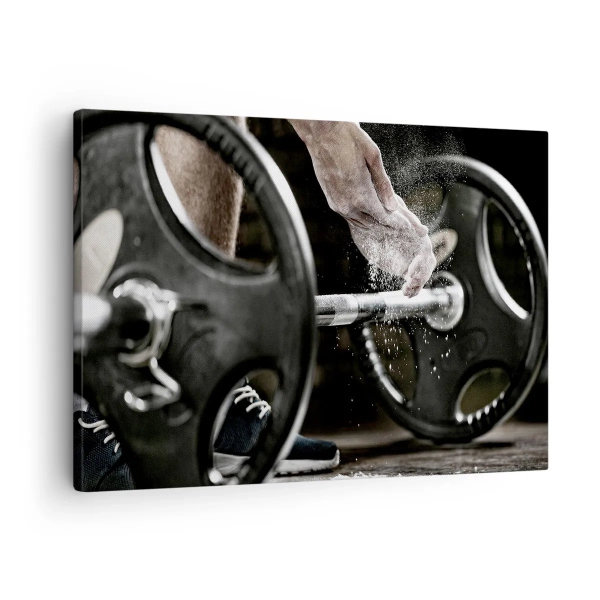 Obraz na plátne - Činky a ruky atléta pripravujúce sa na tréning - 70x50cm - Výzva prijatá! - Moderná nástenná dekorácia do obývacej izby a spálne ARTTOR