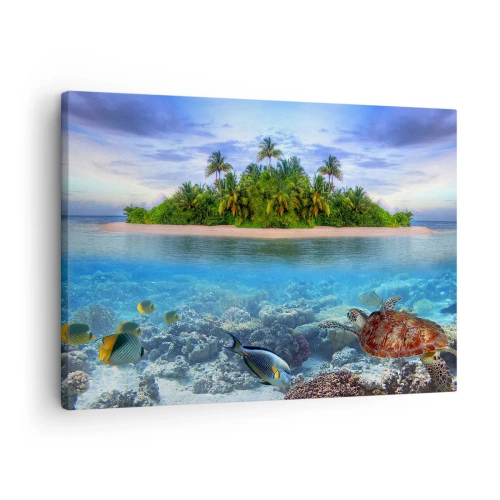 Obraz na plátne - Tropický ostrov obklopený tyrkysovým oceánom s koralovým útesom a rybami. - 70x50cm - Nebeský ostrov pozýva - Moderná nástenná dekorácia do obývacej izby a spálne ARTTOR