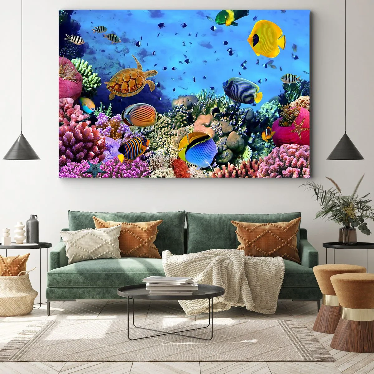 Obraz na plátne - Koralový útes s farebnými rybami a morskou korytnačkou - 70x50cm - Čo vieme o živote… - Moderná nástenná dekorácia do obývacej izby a spálne ARTTOR