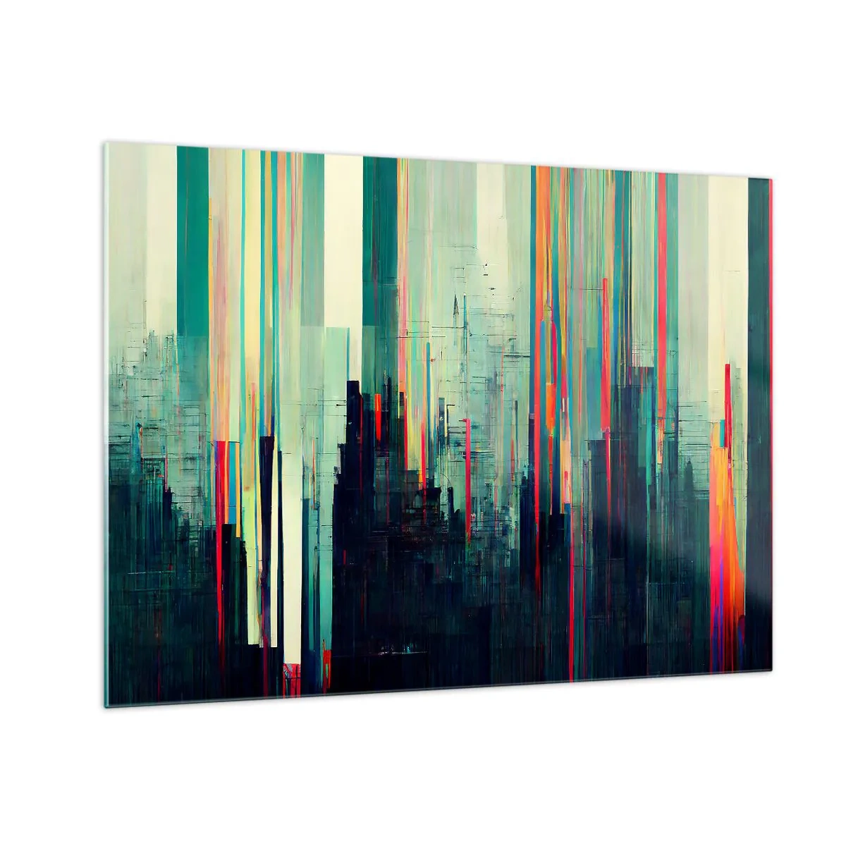 Obraz na skle - Zvislé farebné čiary tvoria obrys futuristickej metropoly. - 70x50cm - Futuristické mesto - Moderná nástenná dekorácia do obývacej izby a spálne ARTTOR