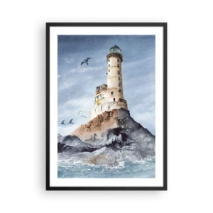 Plagát v čiernom ráme - Akvarelová maľba majáka na skalnatom pobreží - 50x70cm - Nepremožiteľná - Moderná nástenná dekorácia do obývacej izby a spálne ARTTOR