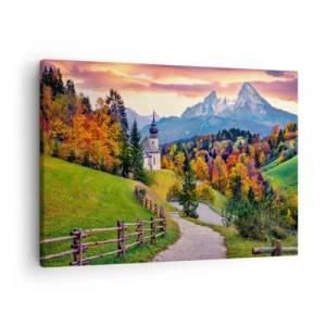 Obraz na plátne - Jesenná horská scenéria s kaplnkou a západom slnka - 70x50cm - Úplne ideálna krajina - Moderná nástenná dekorácia do obývacej izby a spálne ARTTOR