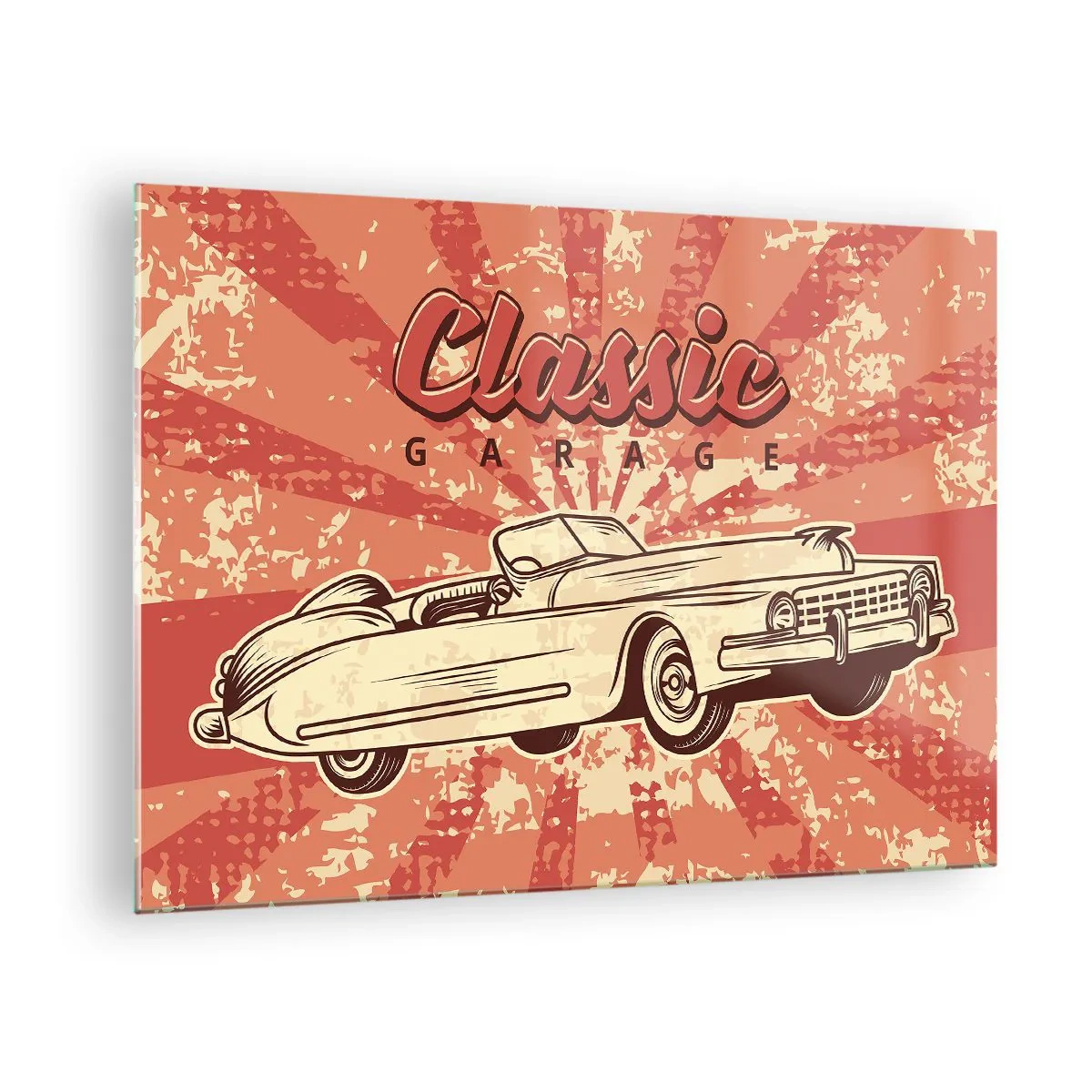 Obraz na skle - Retro grafika klasického auta na pozadí lúčov - 70x50cm - V rádiu je Elvis - Moderná nástenná dekorácia do obývacej izby a spálne ARTTOR