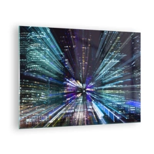 Obraz na skle - Dynamické svetelné línie na pozadí nočného mesta - 70x50cm - Prechod do hyperpriestoru - Moderná nástenná dekorácia do obývacej izby a spálne ARTTOR