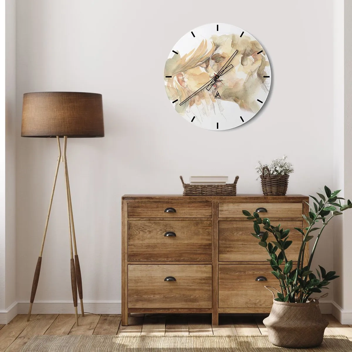 Nástenné hodiny - Pastelovo sfarbený akvarelový portrét bozkávajúceho sa páru - 30x30cm - Nájdená polovica? - Moderná nástenná dekorácia do obývacej izby, kuchyne a spálne ARTTOR