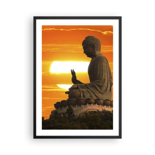 Plagát v čiernom ráme - Socha Budhu na oranžovej oblohe - 50x70cm - Bez strachu zo sveta - Moderná nástenná dekorácia do obývacej izby a spálne ARTTOR