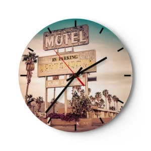 Nástenné hodiny - Retro motelová značka s palmami v pozadí na púštnej ceste - 30x30cm - Tu sa zastavil čas - Moderná nástenná dekorácia do obývacej izby, kuchyne a spálne ARTTOR
