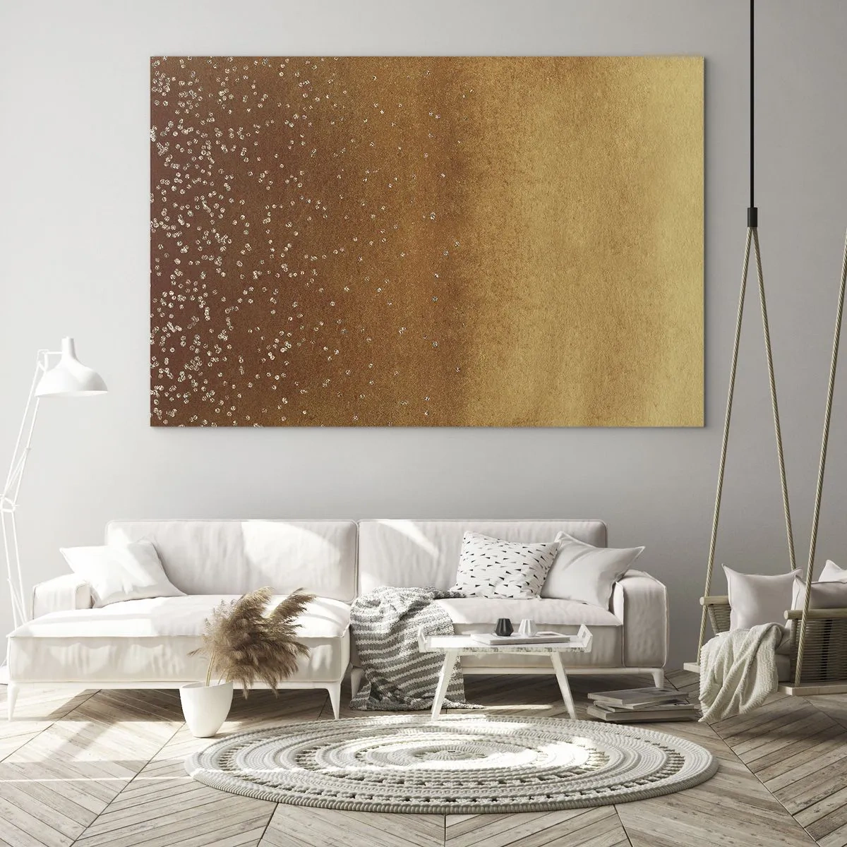 Obraz na skle - Zlatý abstraktný vzor s jemnými odleskami - 70x50cm - Zrodenie svetla - Moderná nástenná dekorácia do obývacej izby a spálne ARTTOR
