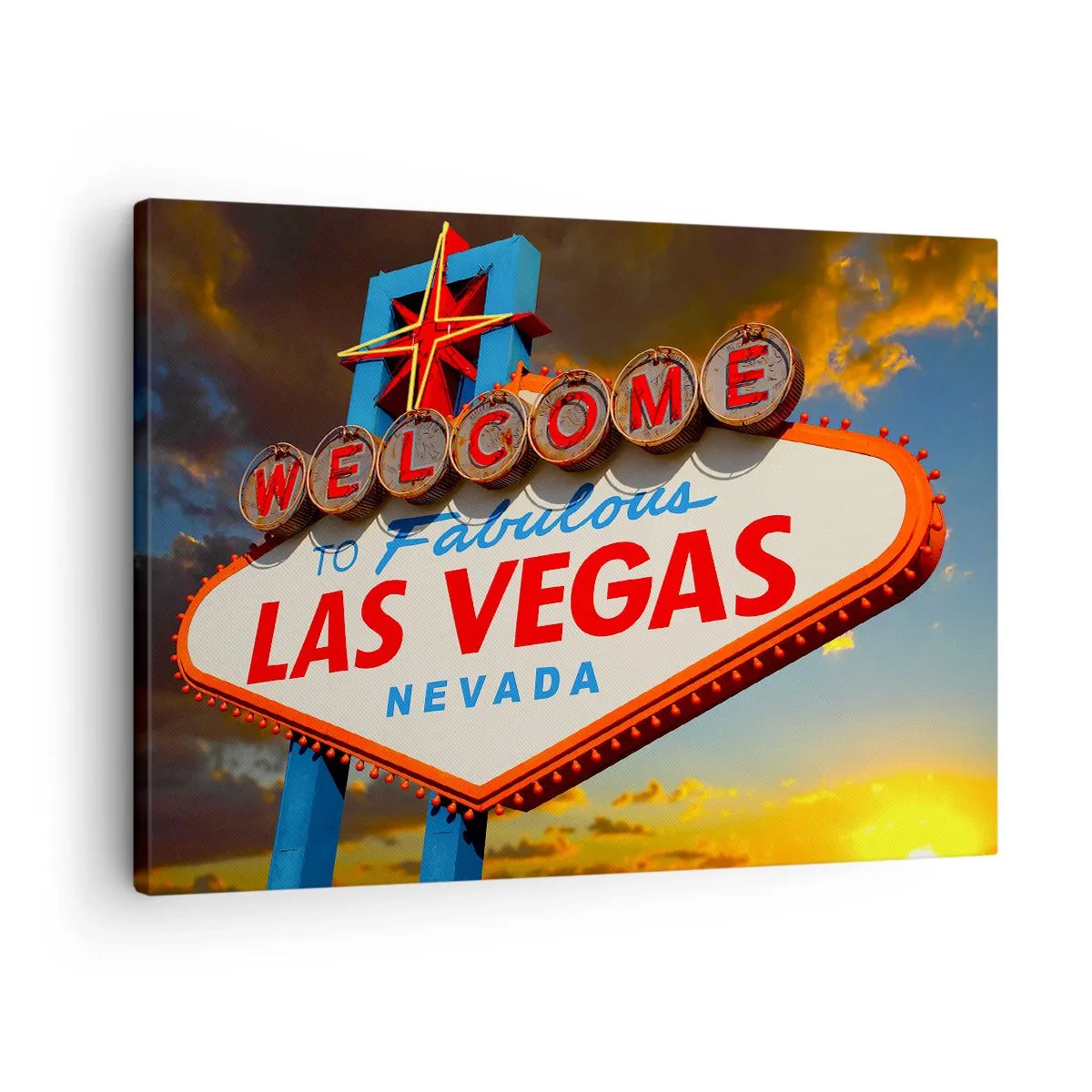 Obraz na plátne - Slávny nápis Vitajte v úžasnom Las Vegas pri západe slnka - 70x50cm - Po úsmev osudu - Moderná nástenná dekorácia do obývacej izby a spálne ARTTOR
