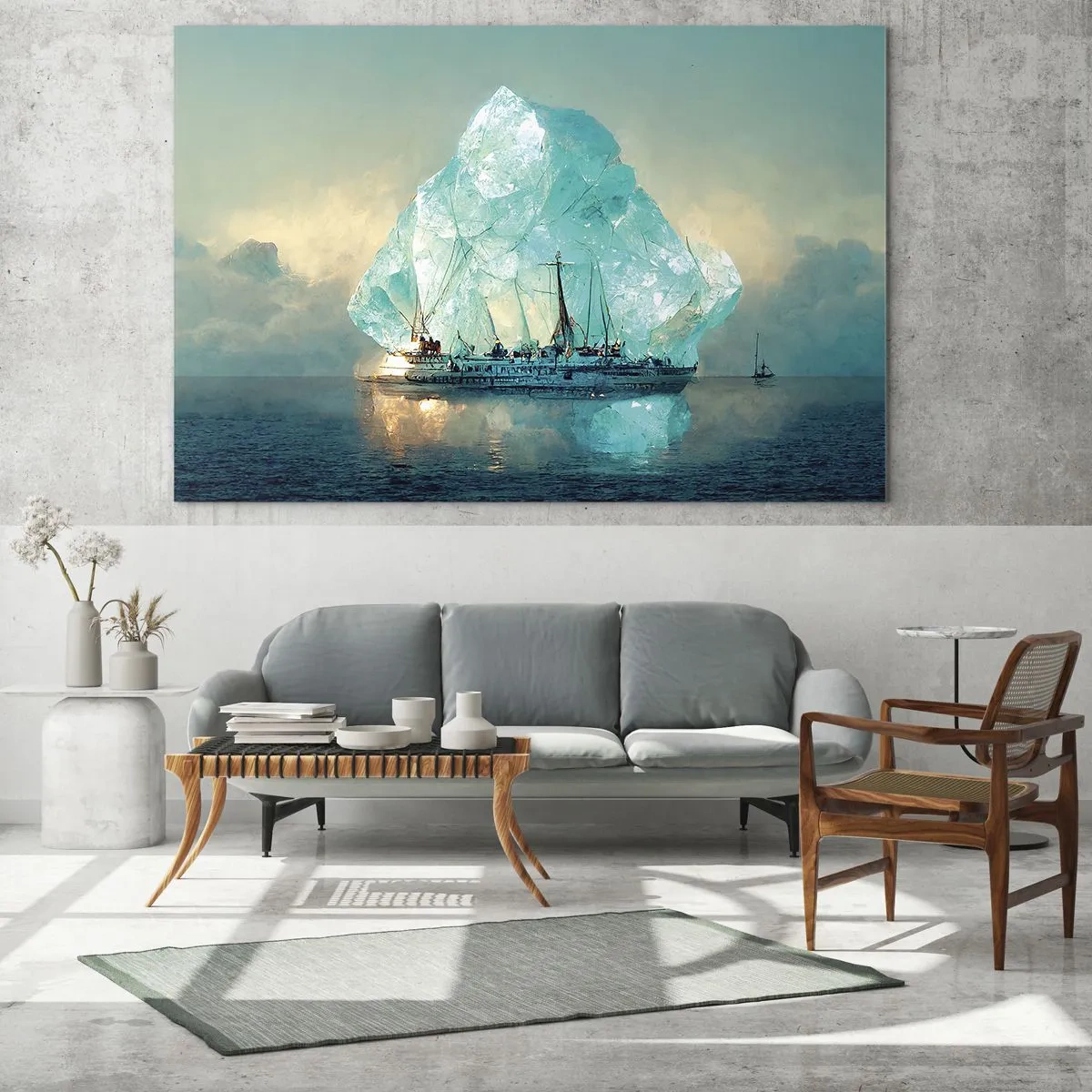 Obraz na skle - Plachetnica pred obrovským ľadovcom v arktickom svetle. - 70x50cm - Arktický briliant - Moderná nástenná dekorácia do obývacej izby a spálne ARTTOR