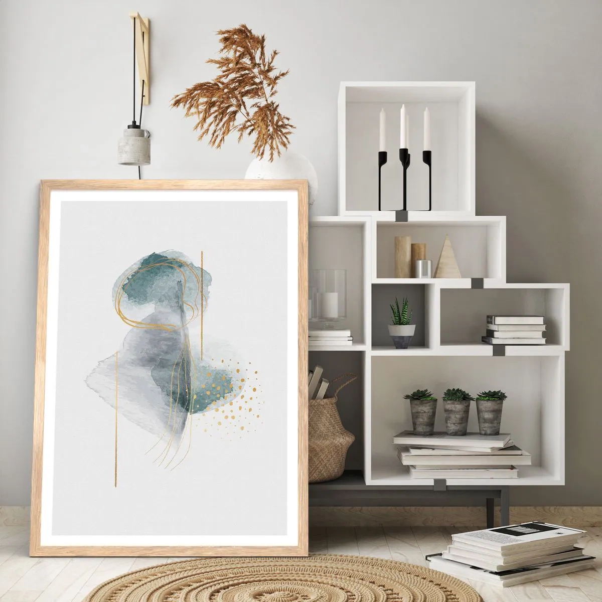 Plagát v ráme zo svetlého duba - O vzťahu medzi šedou a zlatou - 50x70 cm