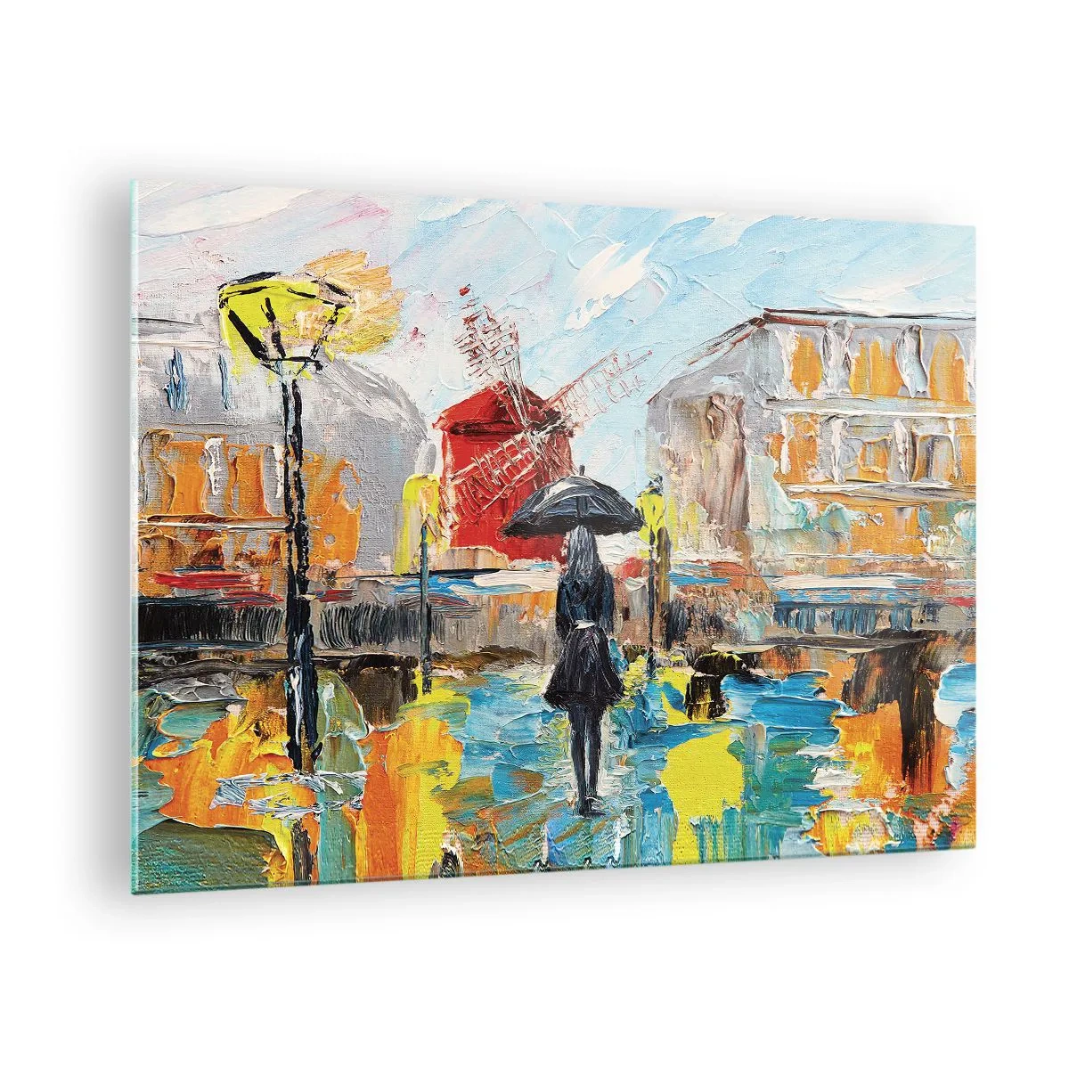 Obraz na skle - Žena s dáždnikom na pozadí mesta v štýle impresionizmu - 70x50cm - Parížske legendy - Moderná nástenná dekorácia do obývacej izby a spálne ARTTOR