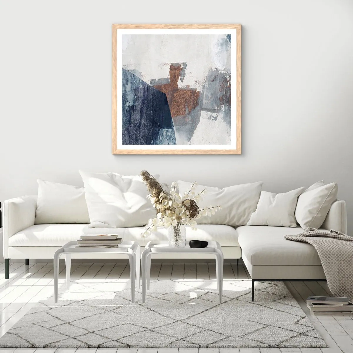 Plagát v ráme zo svetlého duba - Modro-hnedé tvary - 40x40 cm