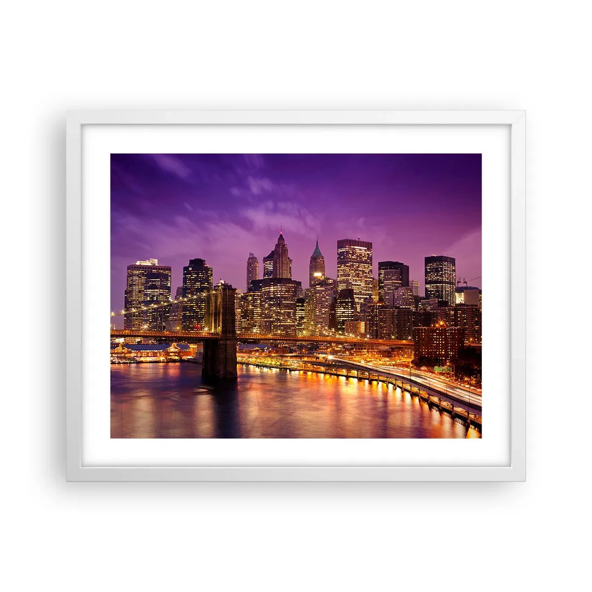 Plagát v bielom ráme - Fialovo-zlatý Manhattan - 50x40 cm