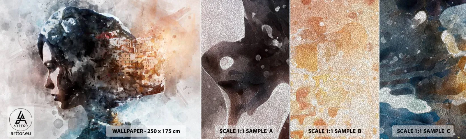 Vzorka fototapety Premium Sand - Príbeh o dievčati s mestom v pozadí - Abstrakcia, Žena, Architektúra - 100x30 cm