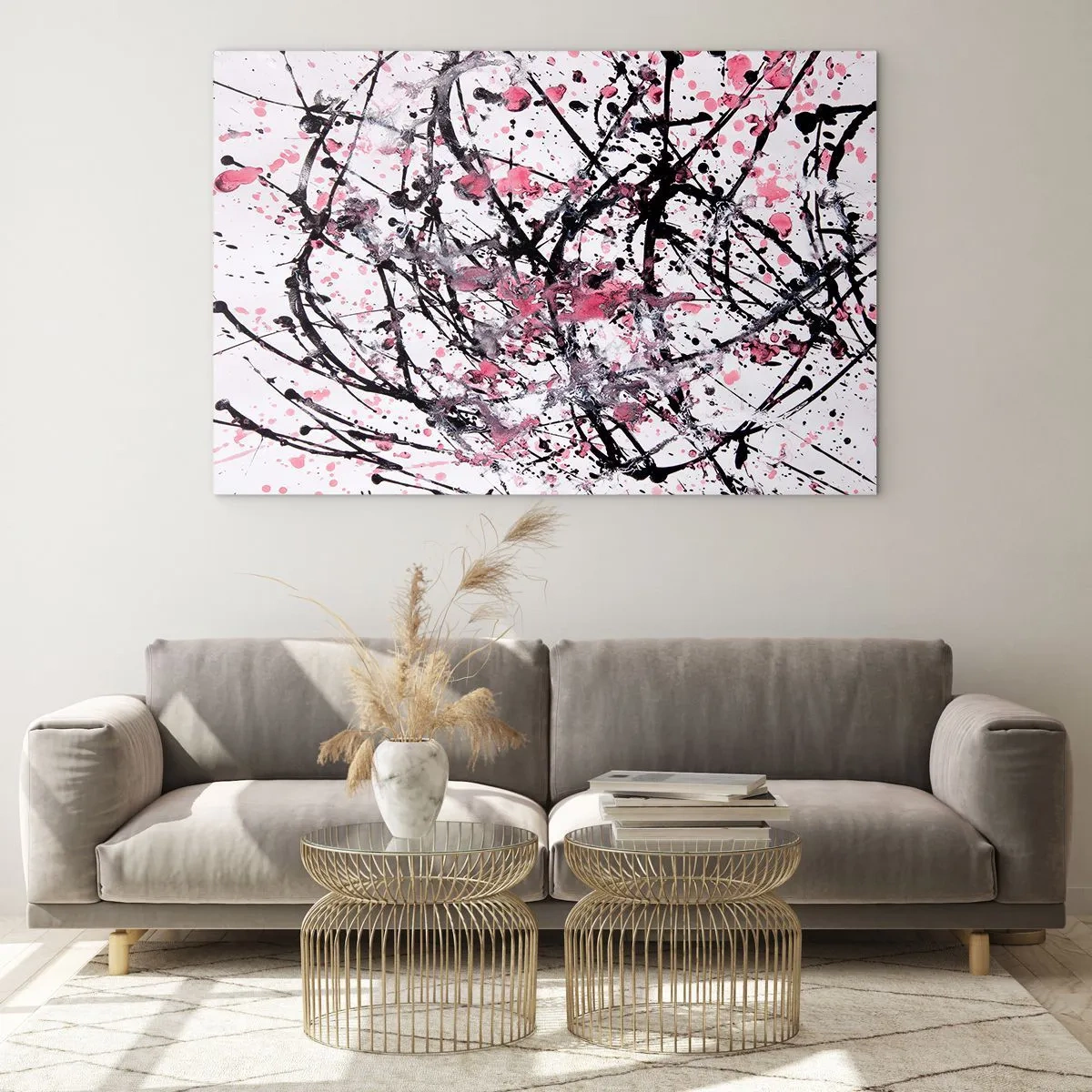 Obraz na skle - Dynamické abstraktné čiary a ružové škvrny na bielom pozadí - 70x50cm - Pominuteľná povaha života - Moderná nástenná dekorácia do obývacej izby a spálne ARTTOR