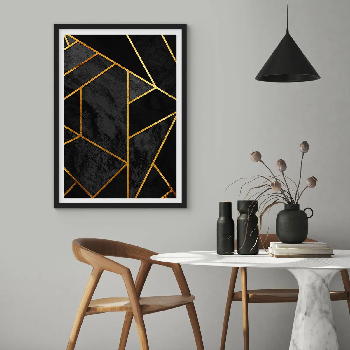 Plagát v čiernom ráme - Geometrické vzory v zlatej farbe na čiernom pozadí - 50x70cm - Temnota a svetlo - Moderná nástenná dekorácia do obývacej izby a spálne ARTTOR