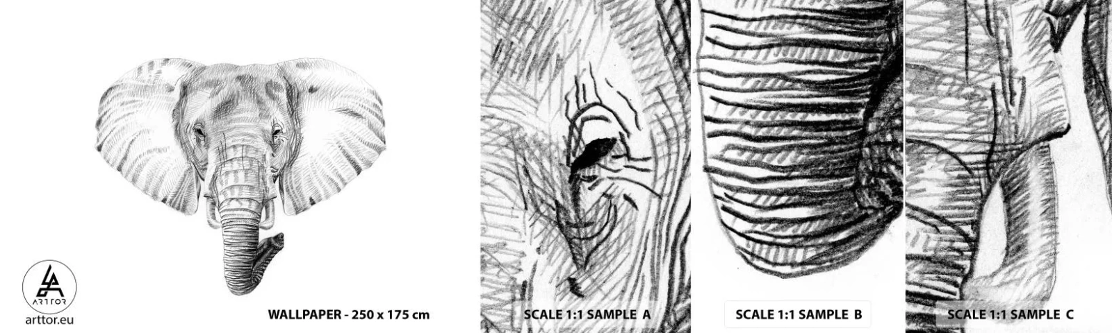 Vzorka samolepiacej fototapety Deluxe Sticker - „Bol jeden slon, veľký ako - slon“ - Zvieratá, Slon, Grafika - 100x30 cm