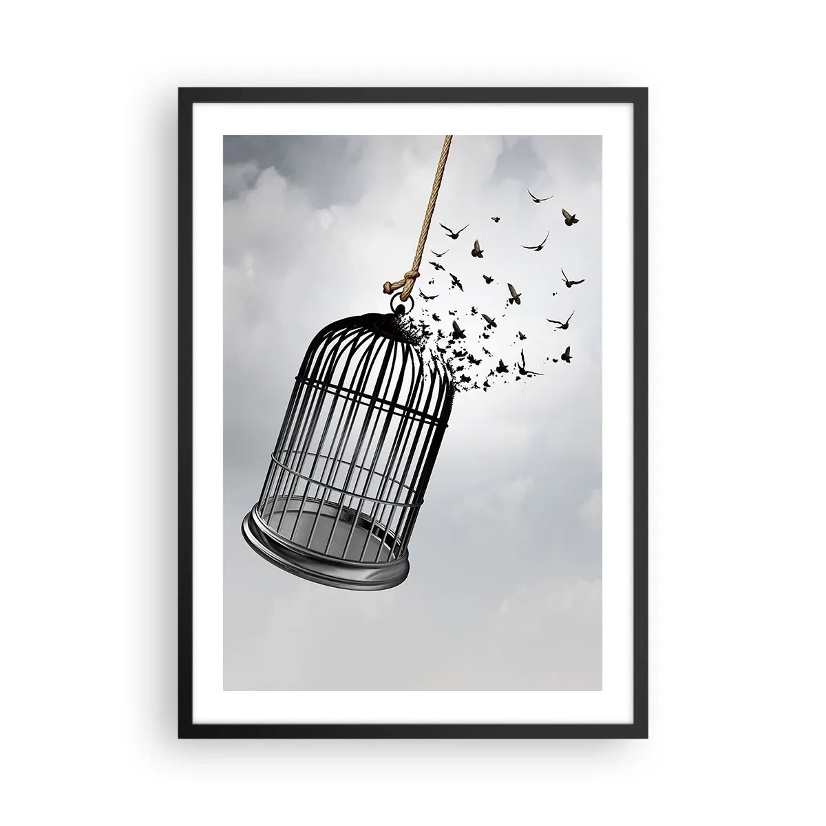 Plagát v čiernom ráme - Vtáky lietajúce z otvorenej klietky na pozadí oblakov - 50x70cm - Viera… nádej… sloboda! - Moderná nástenná dekorácia do obývacej izby a spálne ARTTOR