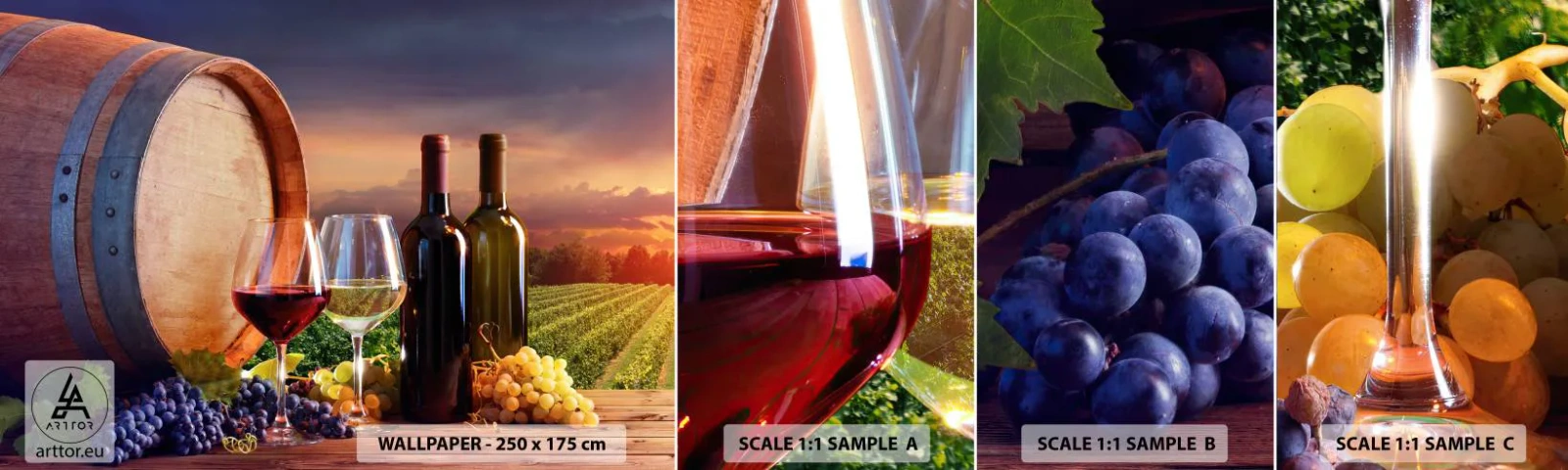 Vzorka samolepiacej fototapety Deluxe Sticker - Tu má život chuť - Vinice, Sud vína, Hrozno - 100x30 cm