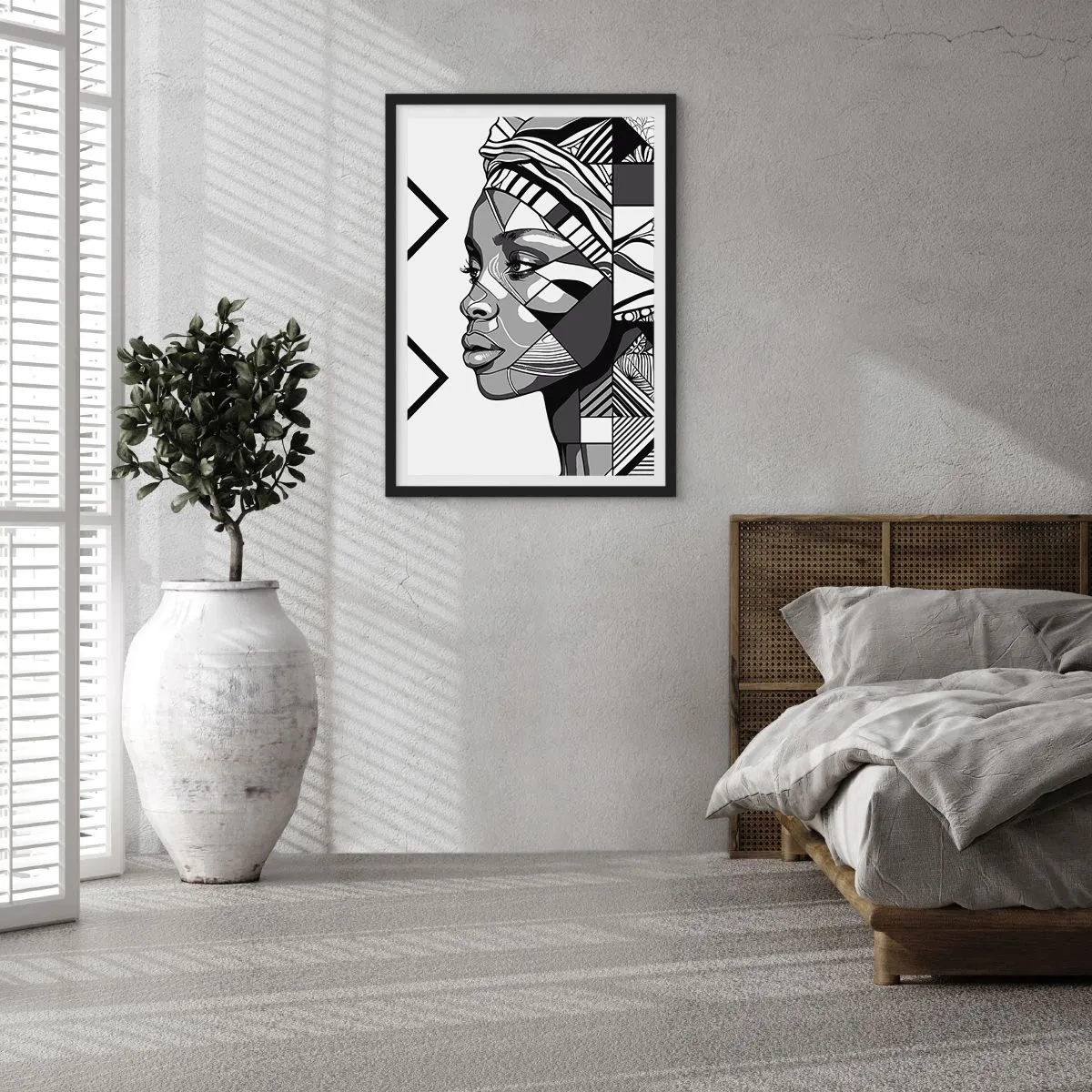 Plagát v čiernom ráme - Geometrický portrét ženy v čiernobielej farbe - 50x70cm - Etnický portrét - Moderná nástenná dekorácia do obývacej izby a spálne ARTTOR