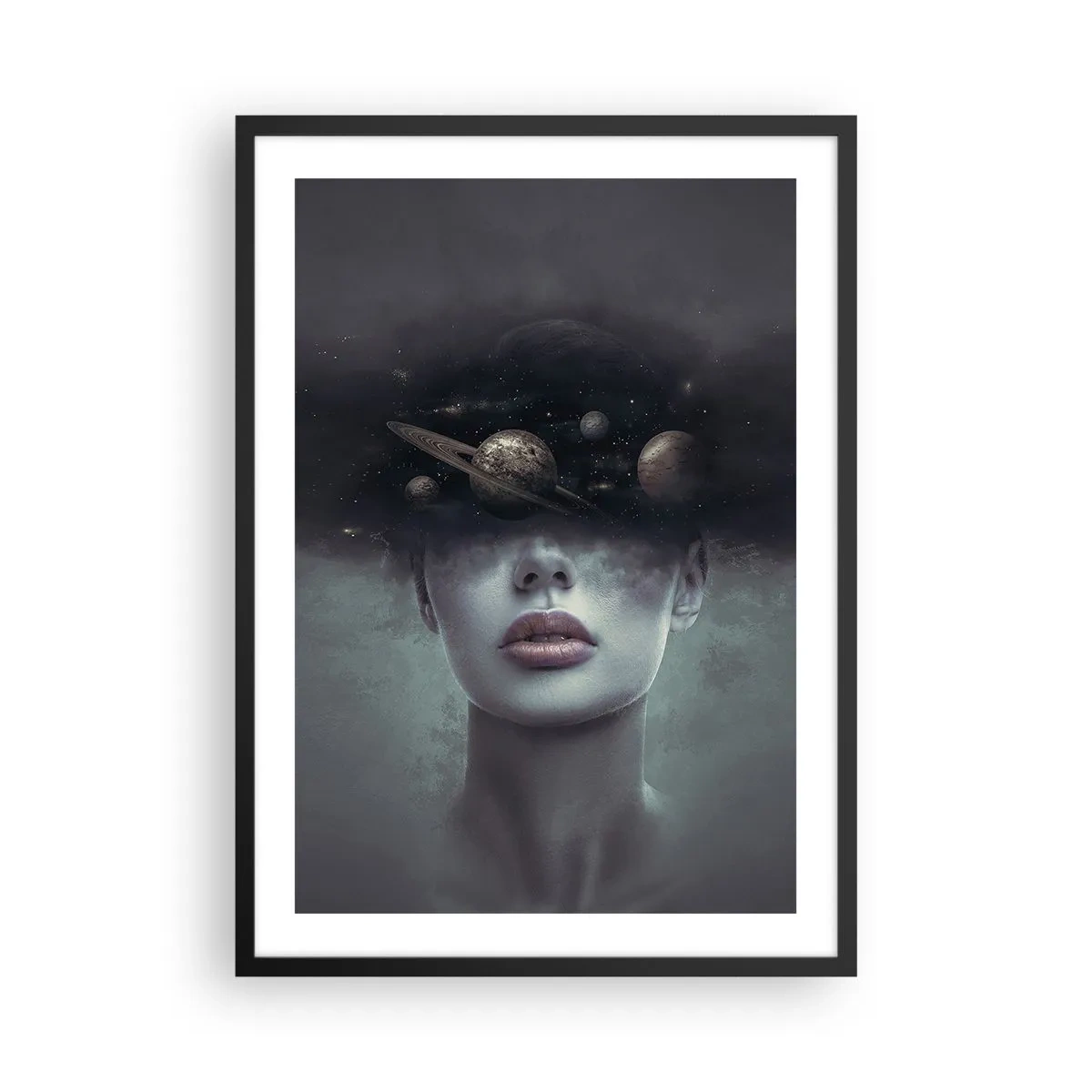 Plagát v čiernom ráme - Tajomný portrét ženy s planétami vo vesmíre - 50x70cm - A planéty… - Moderná nástenná dekorácia do obývacej izby a spálne ARTTOR