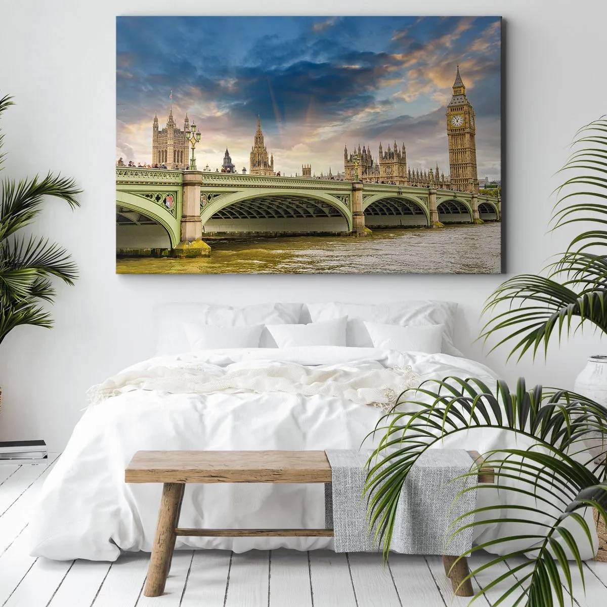 Obraz na plátne - Big Ben a Westminsterský most proti oblohe za súmraku - 70x50cm - Čas sa zastavil v Impériu - Moderná nástenná dekorácia do obývacej izby a spálne ARTTOR