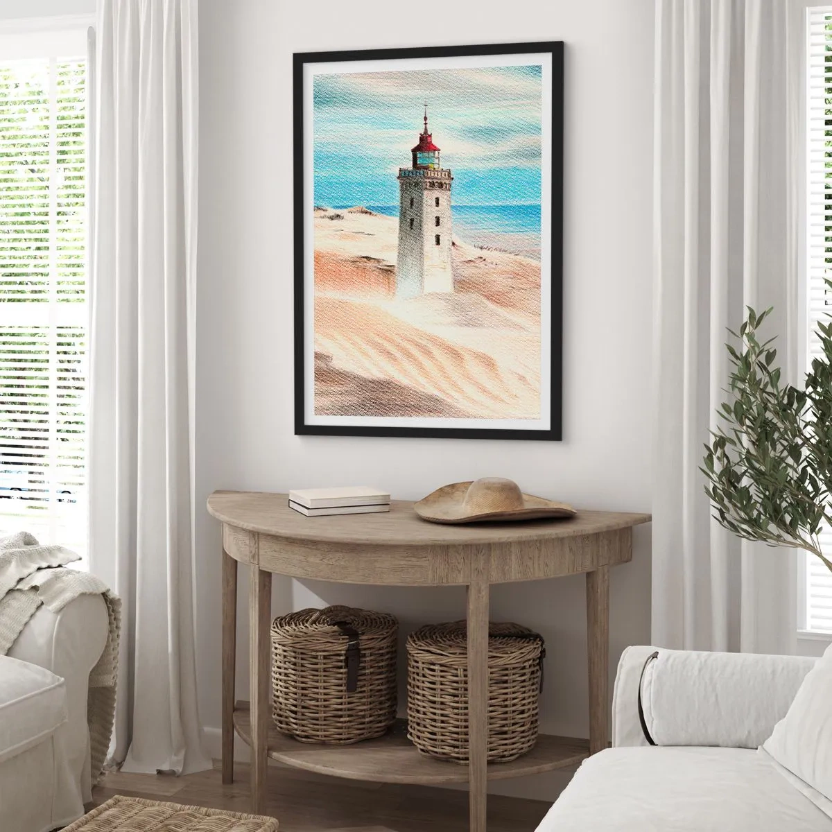 Plagát v čiernom ráme - Maják na pozadí piesočných dún a modrej oblohy - 50x70cm - Vždy hľadí na more - Moderná nástenná dekorácia do obývacej izby a spálne ARTTOR