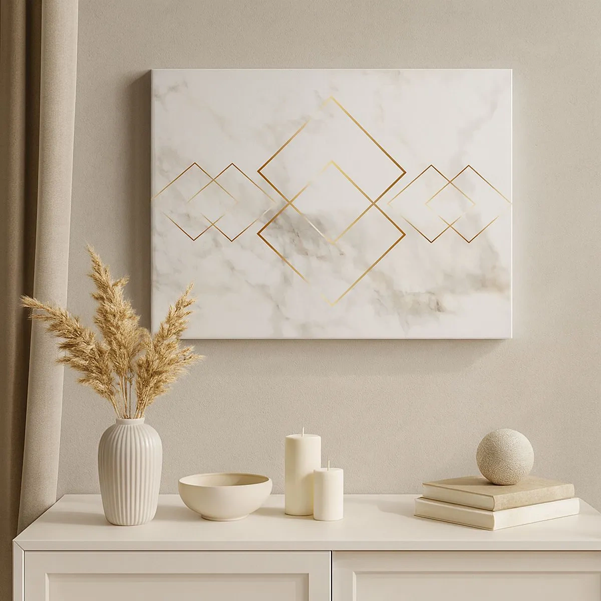 Obraz na plátne - Minimalistické zlaté kosoštvorce na mramorovom pozadí - 70x50cm - Pohľad na nekonečno - Moderná nástenná dekorácia do obývacej izby a spálne ARTTOR