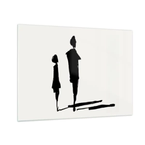 Obraz na skle - Čierne siluety dvoch postáv so tieňmi na svetlom pozadí - 70x50cm - Určite spolu? - Moderná nástenná dekorácia do obývacej izby a spálne ARTTOR