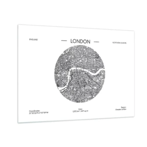 Obraz na skle - Podrobná mapa Londýna v grafickom čiernobielom štýle. - 70x50cm - Anatómia Londýna - Moderná nástenná dekorácia do obývacej izby a spálne ARTTOR