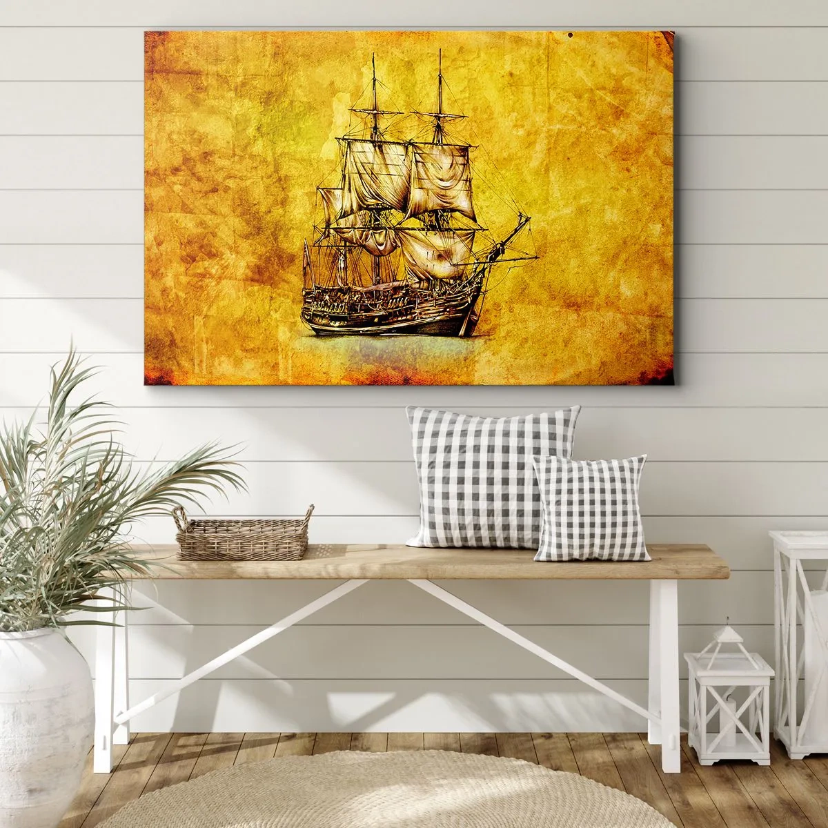 Obraz na plátne - Štylizovaná kresba plachetnice na zlatom pozadí s vintage nádychom. - 70x50cm - Smer Tortuga! - Moderná nástenná dekorácia do obývacej izby a spálne ARTTOR