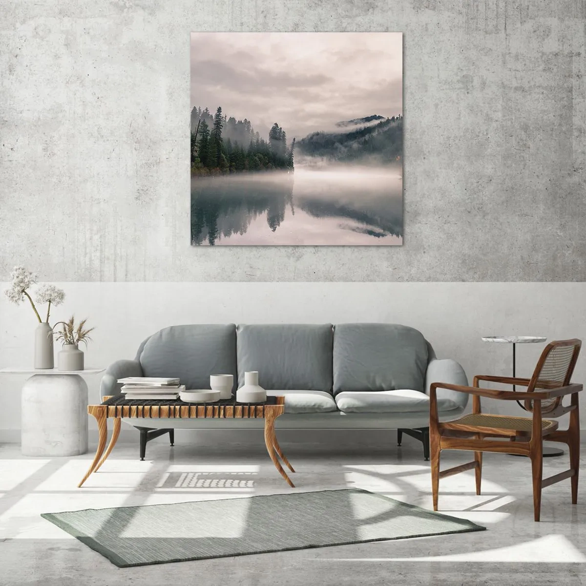 Obraz na skle - V zamyslení, v hmle - 70x70 cm