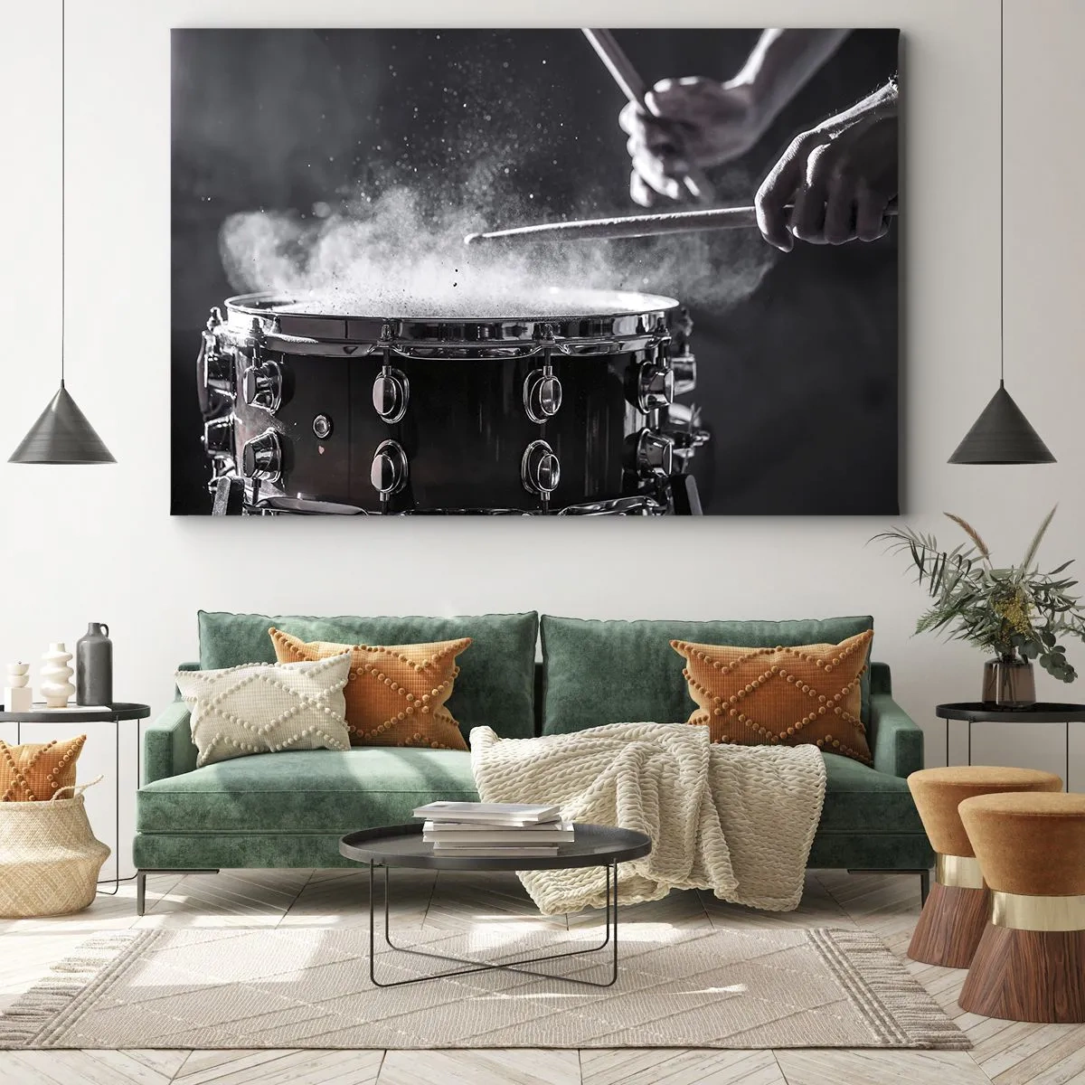 Obraz na plátne - Údery paličkami do malého bubna s efektom prachu - 70x50cm - Pulz hudby - Moderná nástenná dekorácia do obývacej izby a spálne ARTTOR
