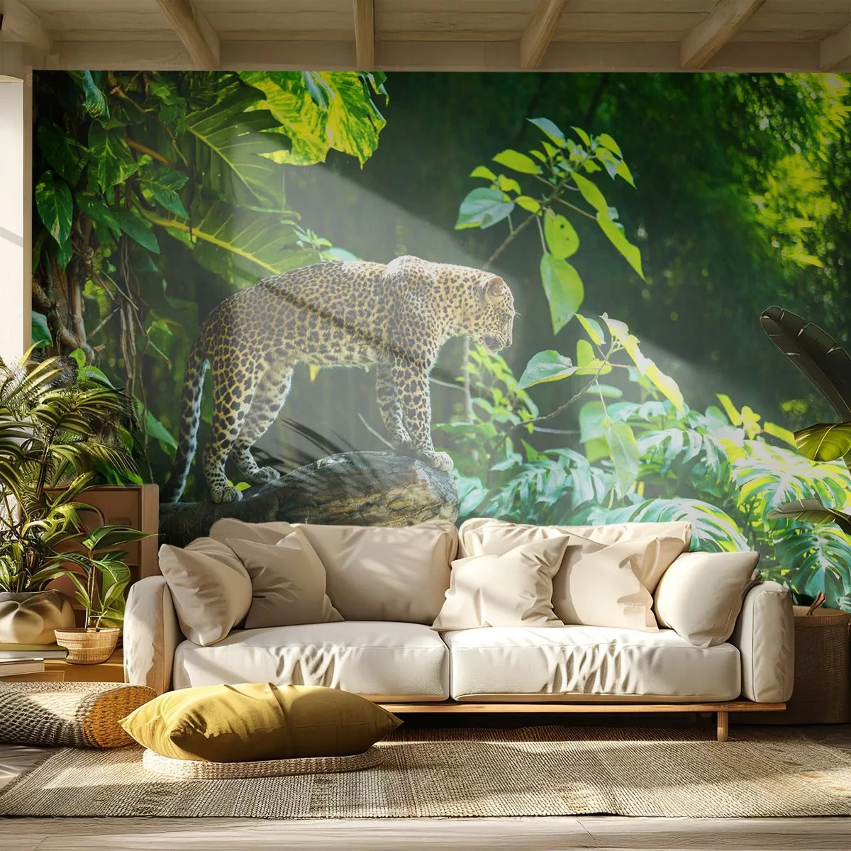 Fototapeta Standard Eco - Leopard na konári v hustej tropickej džungli - 100x70cm - Na lov? - Moderná nástenná dekorácia do obývacej izby a spálne ARTTOR