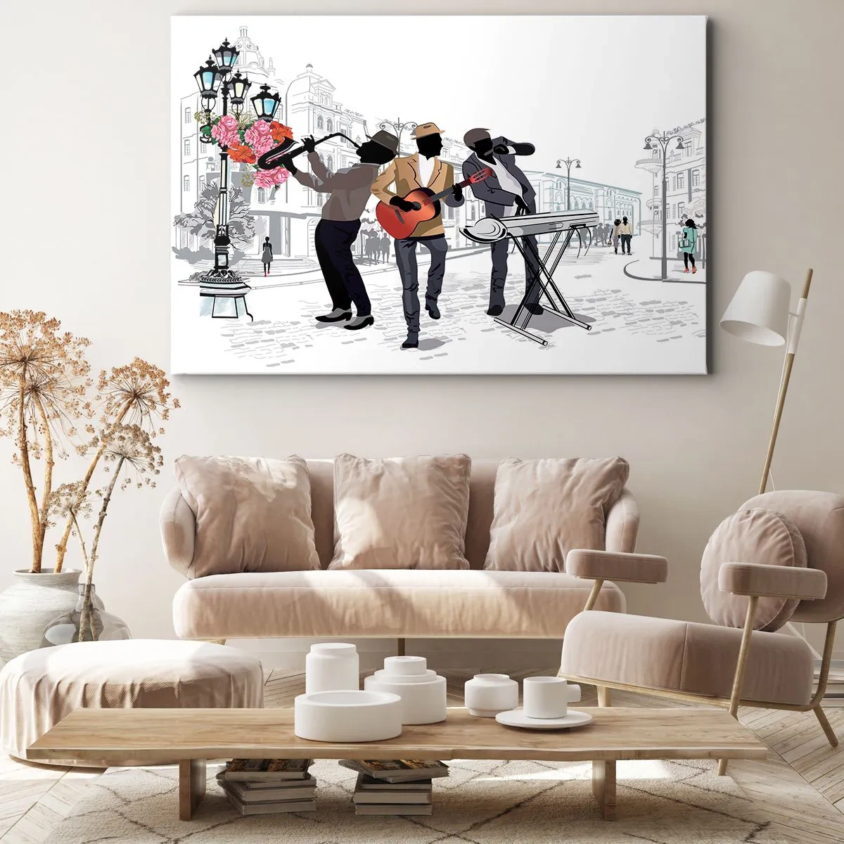 Obraz na plátne - Pouliční hudobníci hrajúci na pozadí mestskej krajiny - 70x50cm - Hudba ulice - Moderná nástenná dekorácia do obývacej izby a spálne ARTTOR