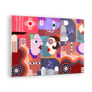 Obraz na skle - Abstraktná kompozícia tvárí a tvarov v intenzívnych farbách. - 70x50cm - Tvárou v tvár - Moderná nástenná dekorácia do obývacej izby a spálne ARTTOR