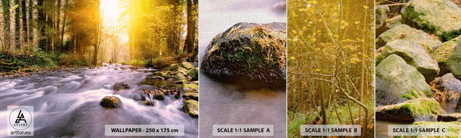 Vzorka fototapety Premium Canvas - Malachit v strieborno-zlatej podobe - Krajina, Horský potok, les - 100x30 cm