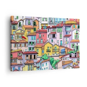 Obraz na plátne - Farebné činžiakové domy v živom a veselom štýle - 70x50cm - Veselé mesto - Moderná nástenná dekorácia do obývacej izby a spálne ARTTOR