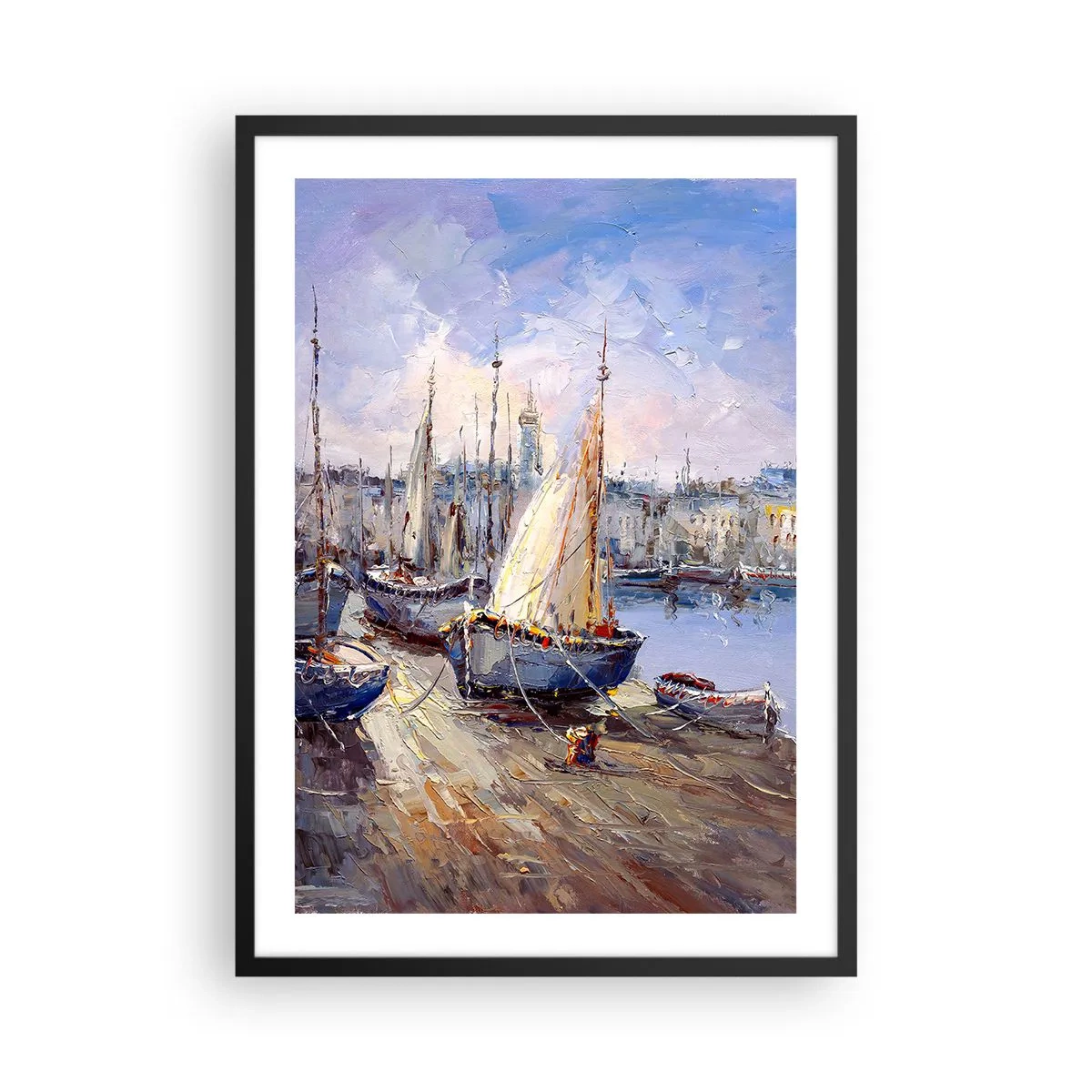 Plagát v čiernom ráme - Plachetnice v malebnom prístave osvetlenom slnečnými lúčmi - 50x70cm - Mesto pri zálive - Moderná nástenná dekorácia do obývacej izby a spálne ARTTOR