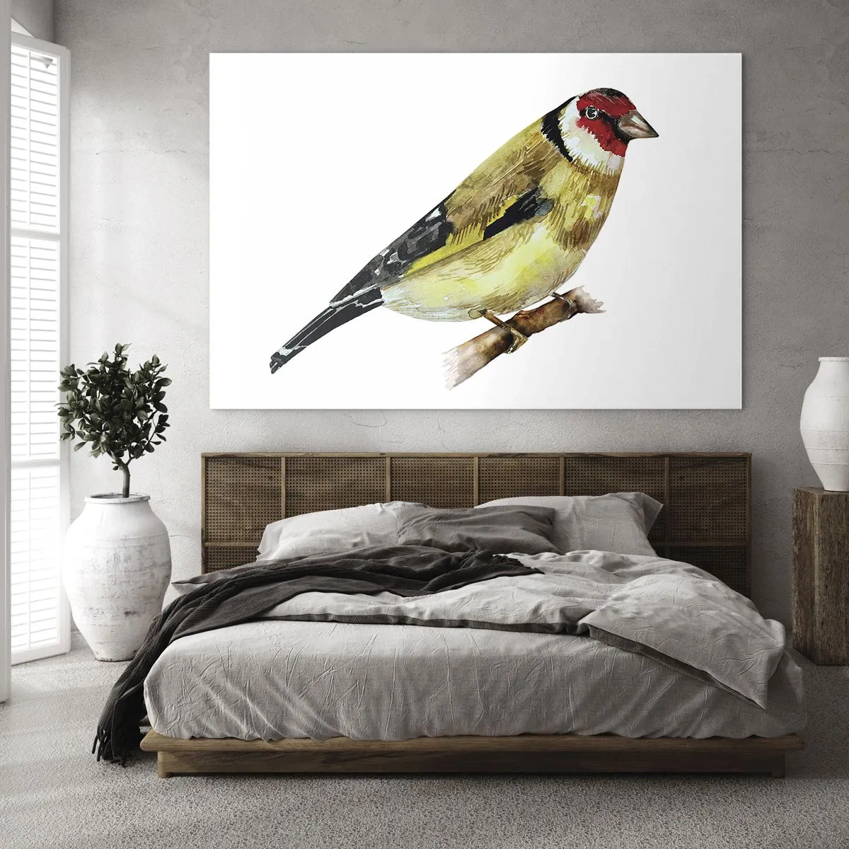 Obraz na skle - Akvarelový vták na konári v jemných farbách - 70x50cm - Vtáčí portrét - Moderná nástenná dekorácia do obývacej izby a spálne ARTTOR