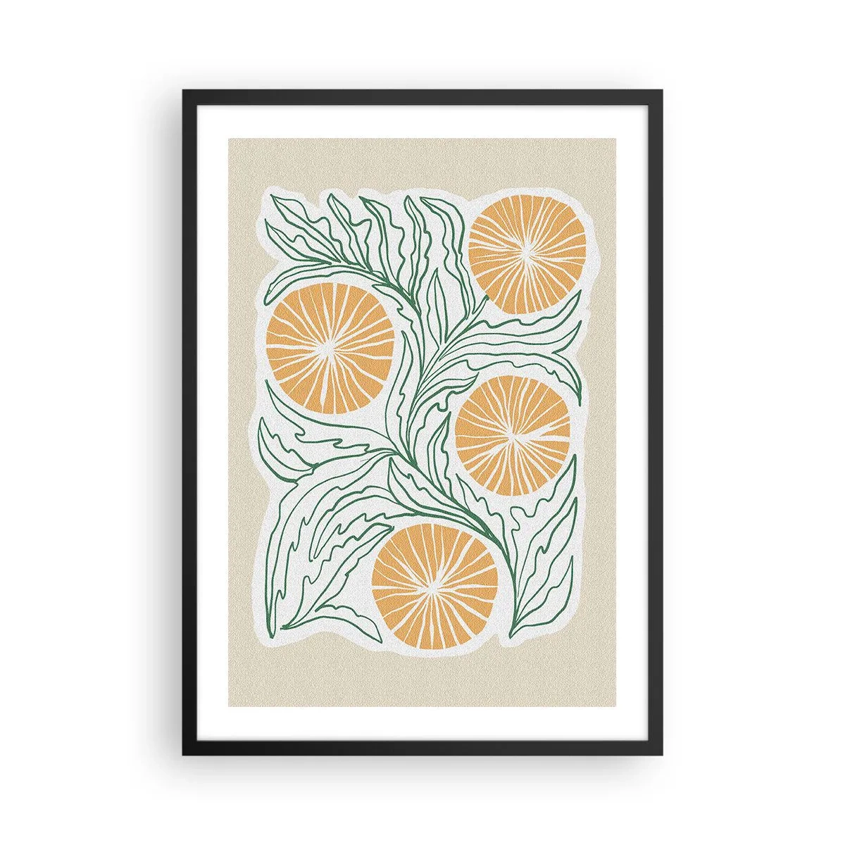 Plagát v čiernom ráme - Abstraktná kompozícia z listov a pomarančov na béžovom pozadí - 50x70cm - Etnicky s abstraktným nádychom - Moderná nástenná dekorácia do obývacej izby a spálne ARTTOR