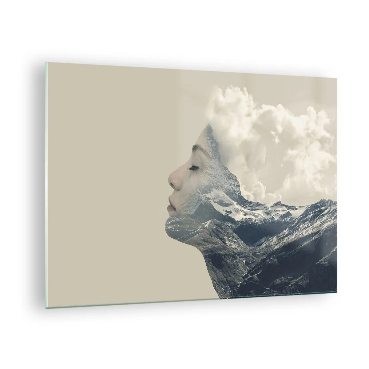 Obraz na skle - Profil ženy s krajinou hôr a oblakov v pozadí. - 70x50cm - Krása živlov - Moderná nástenná dekorácia do obývacej izby a spálne ARTTOR