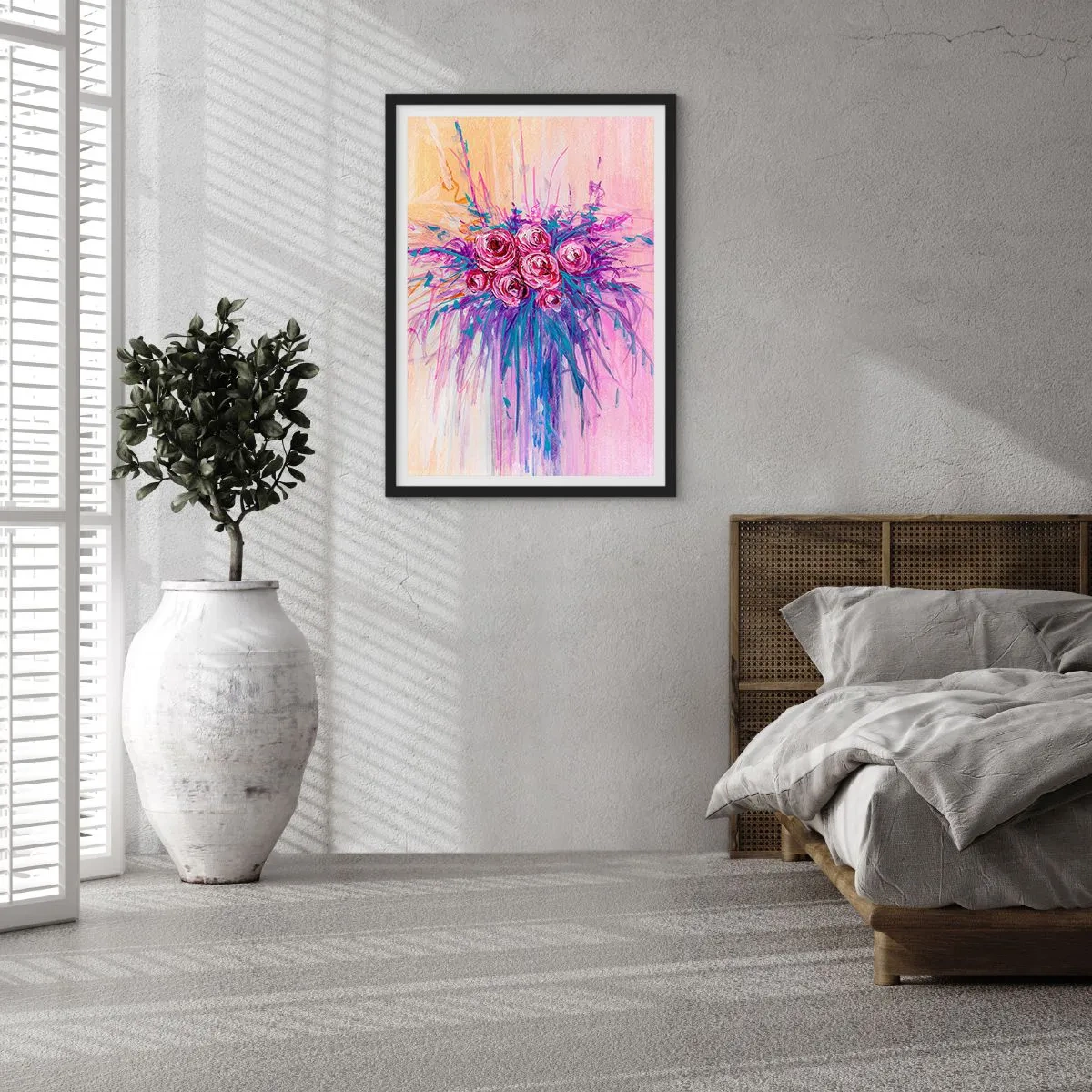 Plagát v čiernom ráme - Farebné ruže na pozadí v odtieňoch ružovej - 50x70cm - Ružová fontána - Moderná nástenná dekorácia do obývacej izby a spálne ARTTOR