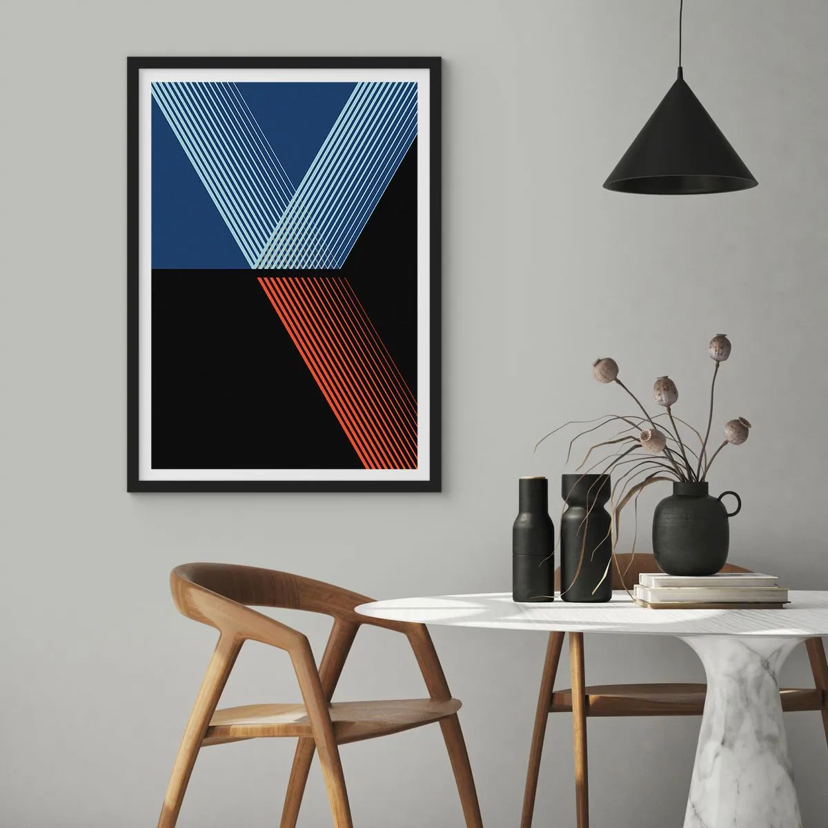Plagát v čiernom ráme - Abstraktná kompozícia čiar v modrej, čiernej a červenej farbe - 50x70cm - Jednoduchý príbeh - Moderná nástenná dekorácia do obývacej izby a spálne ARTTOR