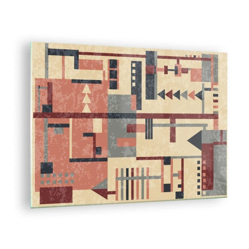 Obraz na skle - Abstraktný geometrický vzor v béžových a červených odtieňoch - 70x50cm - Vodorovná a zvislá kombinácia - Moderná nástenná dekorácia do obývacej izby a spálne ARTTOR