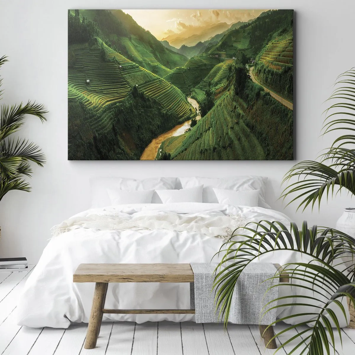Obraz na plátne - Malebné ryžové terasy v zelenom údolí osvetlenom zapadajúcim slnkom - 70x50cm - Vietnamské údolie - Moderná nástenná dekorácia do obývacej izby a spálne ARTTOR