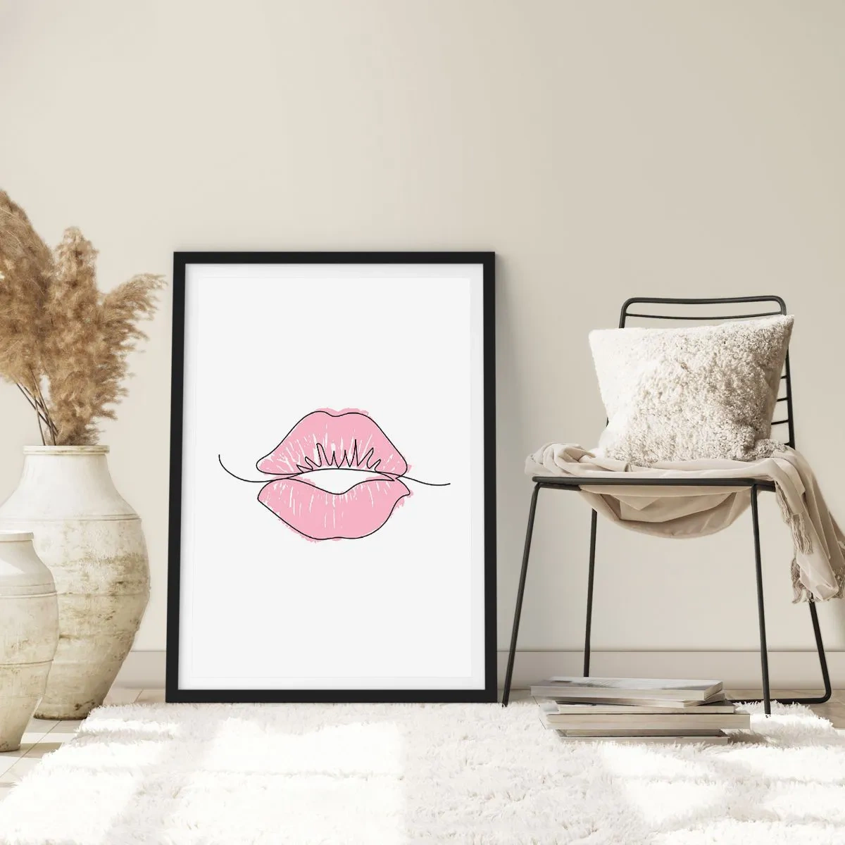 Plagát v čiernom ráme - Minimalistická ilustrácia ružových pier na bielom pozadí - 50x70cm - Si pripravený na bozk? - Moderná nástenná dekorácia do obývacej izby a spálne ARTTOR