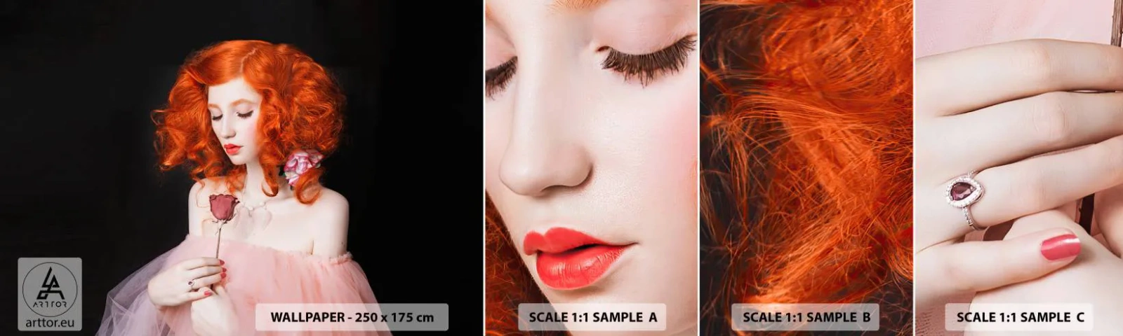 Vzorka samolepiacej fototapety Deluxe Sticker - V barokovom štýle - Žena, Model, Rose - 100x30 cm