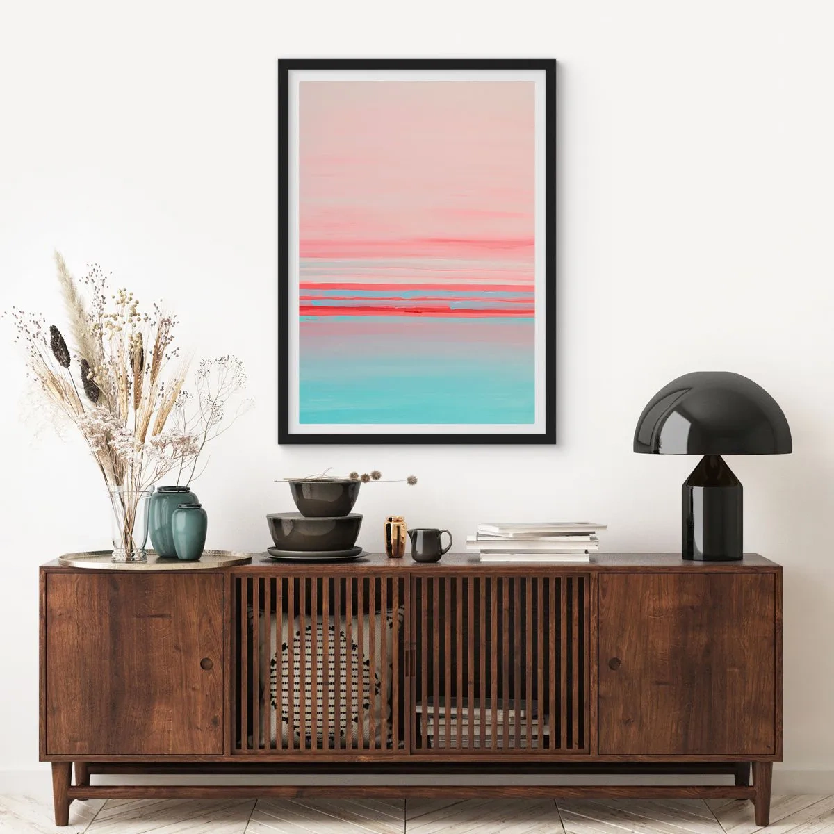 Plagát v čiernom ráme - Jemná abstrakcia v pastelových odtieňoch ružovej a modrej. - 50x70cm - Abstrakcia za úsvitu - Moderná nástenná dekorácia do obývacej izby a spálne ARTTOR